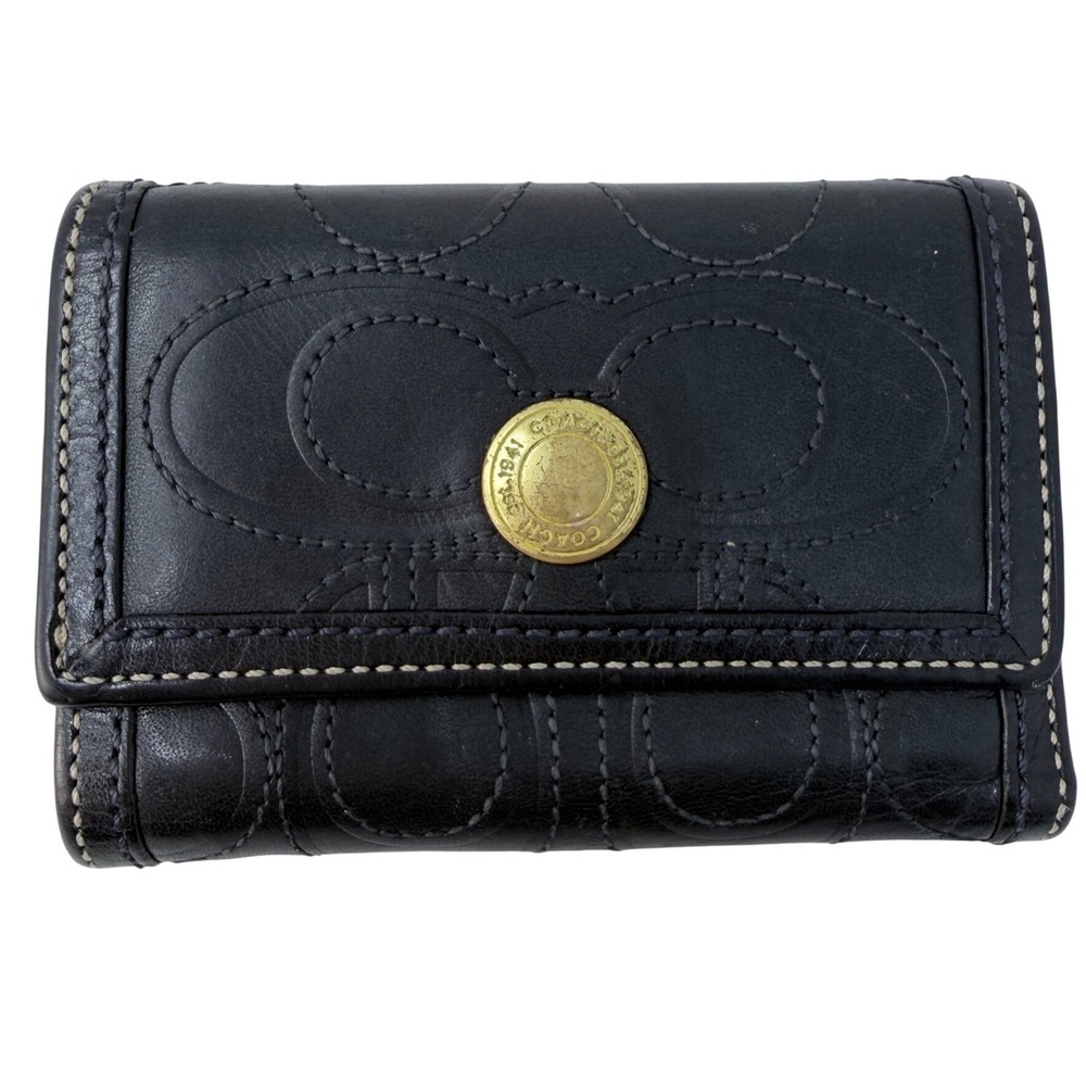 Coach Vintage Black Leather Signature Embossed Trifold Wallet Brass Hardware